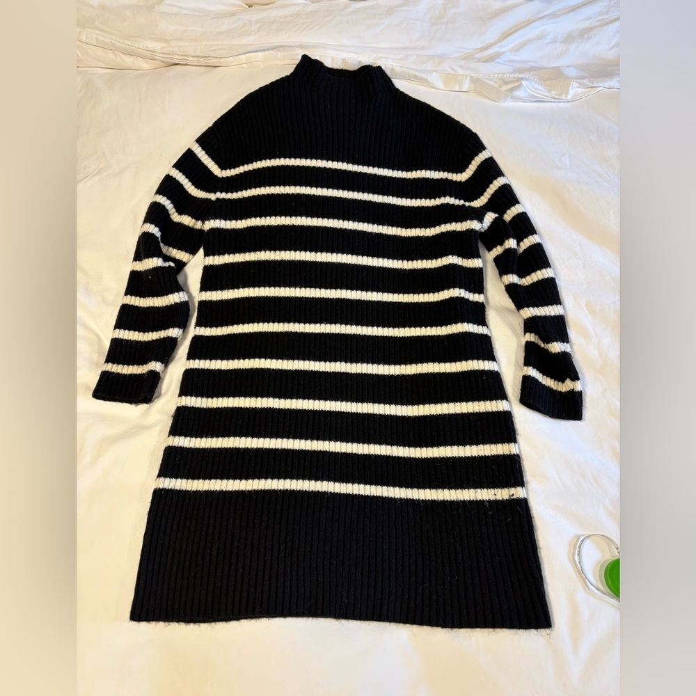 Black and White Striped Women's Sweater dress mock turtleneck